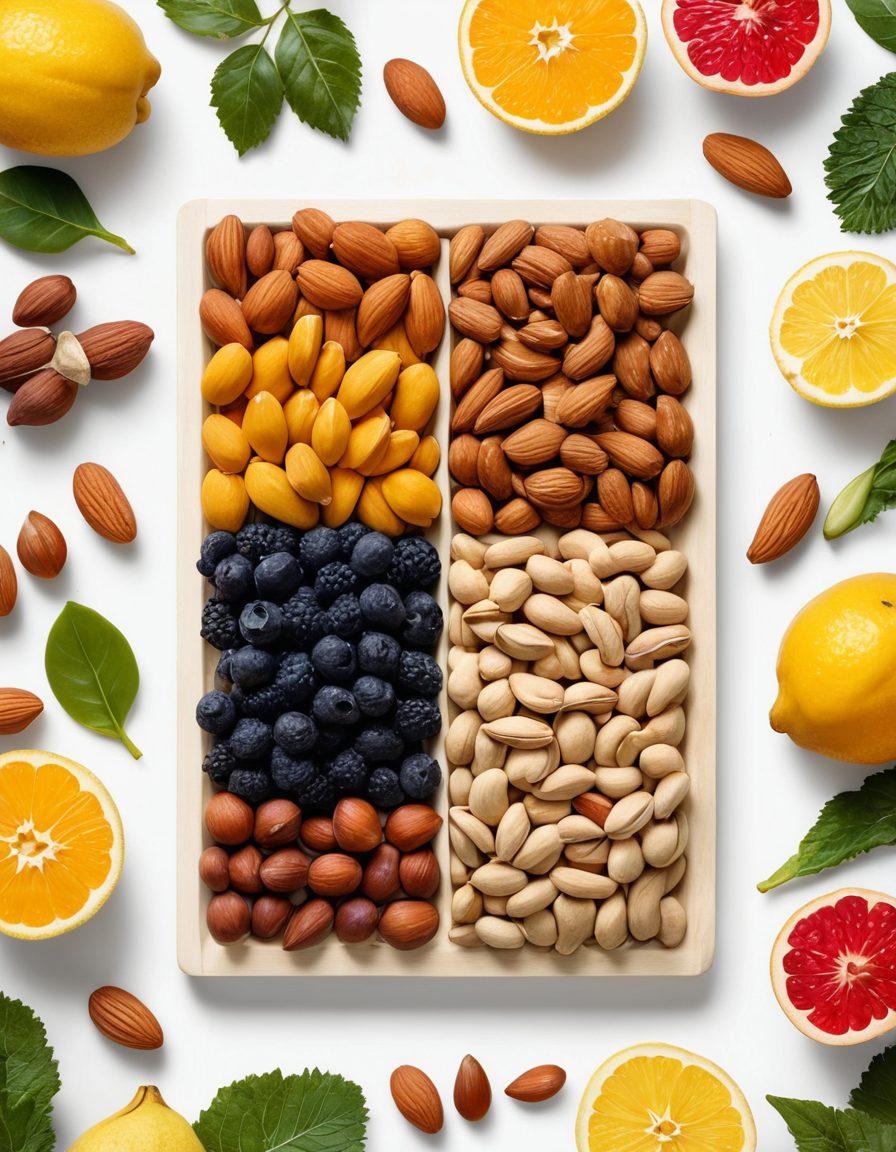 A vibrant, colorful display of various nuts arranged in a visually appealing way, featuring almonds, walnuts, cashews, and pistachios, with splashes of colorful fruits and green leafy vegetables surrounding them. Include an open notebook and a pen with nutritional facts written on the pages. The background should be bright and inviting, representing health and vitality. super-realistic. vibrant colors. white background.