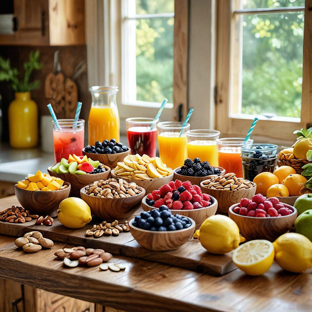 A colorful display of various nutritious snacks like fruits, nuts, and whole-grain bars arranged aesthetically on a wooden table. The background features a bright kitchen with sunlight streaming in, emphasizing freshness and health. Include a glass of water infused with lemon, showcasing hydration as part of nutritious eating. The overall vibe should be vibrant and inviting, encouraging healthy snacking. super-realistic. vibrant colors. bright background.