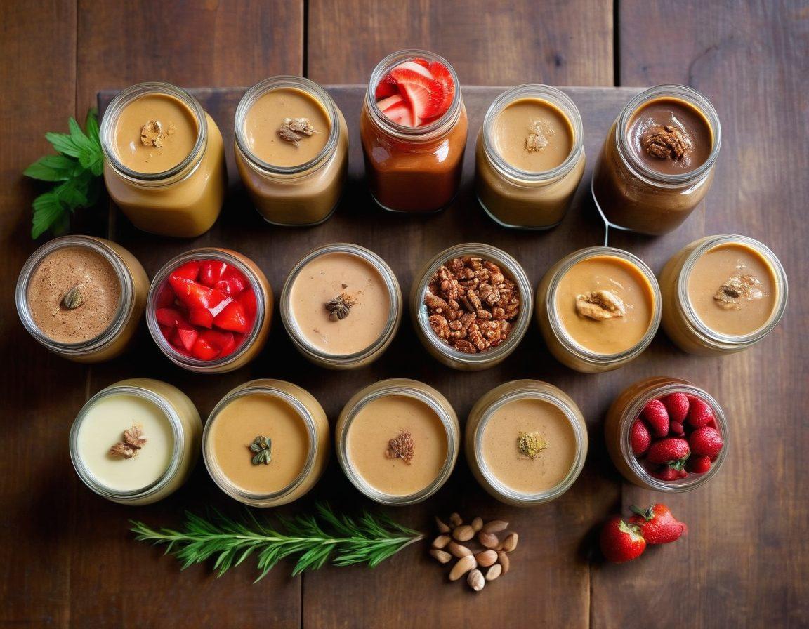 A colorful array of various nut butters and exotic nut-based treats displayed artfully on a rustic wooden table. Include decorative jars of almond, cashew, and hazelnut spreads, surrounded by whole nuts and sprigs of herbs for a fresh touch. Add vibrant fruit slices and a hint of spices to evoke a sense of adventure in flavors. The lighting should be warm and inviting, enhancing the texture and richness of each item. super-realistic. vibrant colors. rustic background.